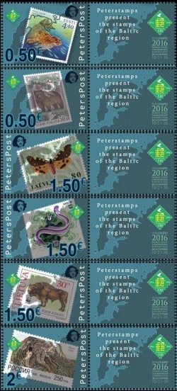 Петерспост. Финляндия. Всемирная филателистическая выставка PHILATAIPEI2016. Фауна стран Балтийского региона на почтовых марках. Серия из 6 марок с купонами
