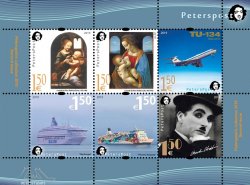 Финляндия. Петерспост. Блок из 6 марок сюжетов второго коммеморативного выпуска 2019 года с номиналами по 1,50 Евро (Леонардо да Винчи, Паромы, Чаплин, ТУ-134)