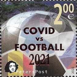 Финляндия. 2021. Петерспост. Надпечатка "COVID vs FOOTBALL 2021" на марке 2020 года Отборочные матчи чемпионата Европы по футболу 2020 в Санкт-Петербурге. Марка