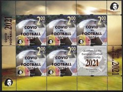 Финляндия. 2021. Петерспост. Надпечатка "COVID vs FOOTBALL 2021" на марке 2020 года Отборочные матчи чемпионата Европы по футболу 2020 в Санкт-Петербурге. Лист из 5 марок и купона