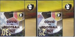 Россия. Финляндия. 2021. Петерспост. Перевёрнутая надпечатка "COVID vs FOOTBALL 2021" на марке 2020 года Отборочные матчи чемпионата Европы по футболу 2020 в Санкт-Петербурге. Серия из 2 марок