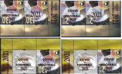 Россия. Финляндия. 2021. Петерспост. Перевёрнутая надпечатка "COVID vs FOOTBALL 2021" на марке 2020 года Отборочные матчи чемпионата Европы по футболу 2020 в Санкт-Петербурге. 4 сцепки (2 сцепки по 2 марки и 2 сцепки марка с купоном)