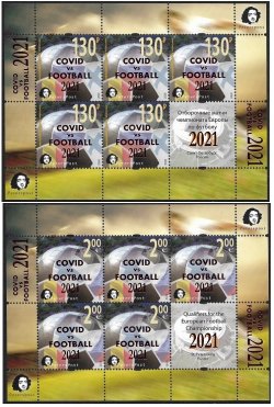 Россия. Финляндия. 2021. Петерспост. Надпечатка "COVID vs FOOTBALL 2021" на марке 2020 года Отборочные матчи чемпионата Европы по футболу 2020 в Санкт-Петербурге. Серия из 2 листов по 5 марок и купону